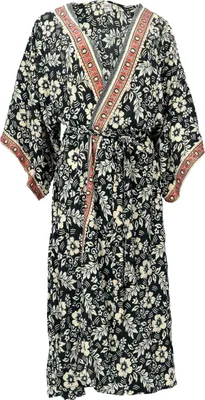 Produktbild von Kimonokleid, Seidig Glänzender Boho Kimono mit Trompetenärmeln, Kimonomantel - Schwarz/weiß, Damen, Polyester, Kimono