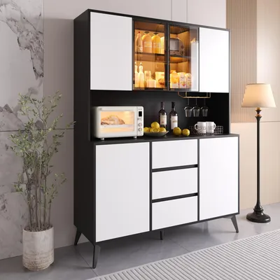 Produktbild von MODFU Küchenschrank mit LED-Vitrine,160cm Hochschrank,Wohnzimmerschrank mit offene Arbeitsfläche und Schubladen,Stauraumschrank,Schwarz + Weiß