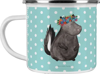 Produktbild von Mr. & Mrs. Panda Pott Stinktier Mädchen - Türkis Pastell - Geschenk, Yoga, Reisebecher, Haferl, Wildtier, metallbecher, Namaste, Skunk, Teetasse, Raubtier, Emaille Tasse