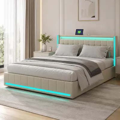 Zdjęcie produktu dla Łóżko podwójne INONEFT, 180x200 cm, z pojemnikiem, obite tkaniną, z 4 szufladami, łóżko młodzieżowe z oświetleniem LED i portami USB oraz Type-C, z elastycznym stelażem, kolor beżowy, productTiles.product.images.aiGenerated
