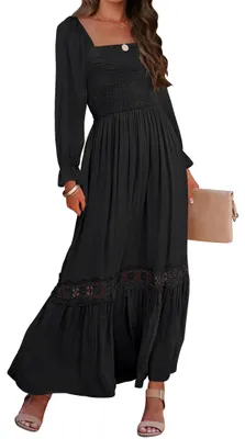 Productafbeelding van ZESICA damesmaxi-jurk 2023, boho-stijl, lange mouwen, vierkant halslijn, gerimpeld