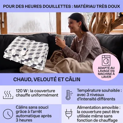 Image de Klarstein Couverture Chauffante 2 Places électrique XXL 200x180 cm, Plaid Chauffant, Couette Lavable Machine 120W, 3 Températures, Minuterie 3H, Surmatelas Chauffant Electrique Sans Fil Canapé et Lit