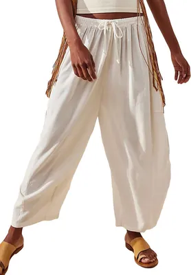 Image de ASKSA Femmes Pantalon large jambe haute taille plis longs Pantalon d'été Lacets Lâches Casual Confortable avec poches, Blanc, L
