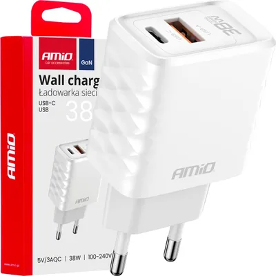 Imagen del producto de Cargador GaN de 38W con carga rápida y Power Delivery, con puertos USB-A y USB-C, modelo AMIO-04287