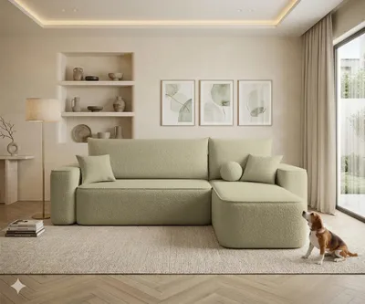 Image de Canapé d’angle TEXAS droit beige foncé bouclé Quelle 6 - fonction couchage, coffre de rangement pour la literie