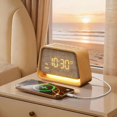 Produktbild von Wecker mit Licht, Nachttischlampe mit 10 weißen Geräuschen und 10 Naturgeräuschen, 3 Helligkeitsstufen, Nachttischlampe für Schlafzimmer und Kinderzimmer