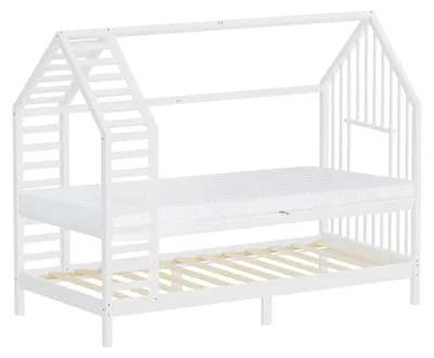 Obrázok produktu pre Detská postel ML-Design, 90x200 cm, biela, s matracou a roštom, domčeková postel s strechou, rám postele z borovicového dreva, drevená posteľ Montessori pre dievčatá a chlapcov