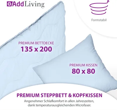 A light blue duvet and pillow are displayed, with text and graphics indicating product details and features.