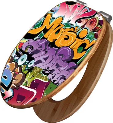 Produktbild von banjado Design WC Sitz Bambus Absenkautomatik - Graffiti - Toilettendeckel mit Absenkautomatik Holz/hochwertiger Bambus Klodeckel/WC-Sitz für alle gängigen Toiletten [TDB2 10203]