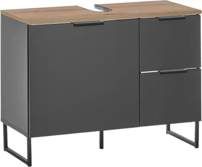 A bathroom vanity cabinet with a wooden top and black matte finish.