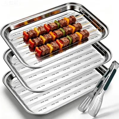 Image de 3 bacs pour barbecue en acier inoxydable, dimensions : 34,9 x 24,5 x 2,7 cm