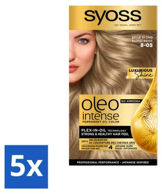 Imagen del producto de 5 unidades de tinte permanente para cabello SYOSS Oleo Intense 8-05 Rubio Beige, sin amoníaco. Paquete económico