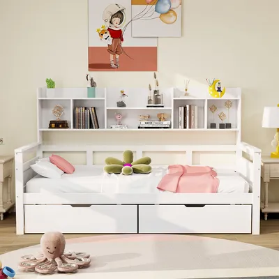 Produktbild von Polsterbett mit Schubladen und Regale Schlafsofa Lattenrost Multifunktionsbett Kinderbett Massivholzbett Jugendbett Einzelbett Weiß