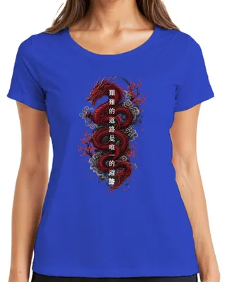 Produktbild von 艱難的道路是唯一的道路 Roter Drache Kirschblüte Japanisch Japan Y2K Tattoo Damen T-Shirt, Blau, L