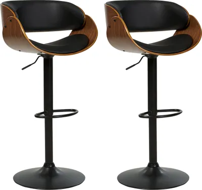 Produktbild von BELIANI Barhocker 2er Set Schwarz Kunstleder Höhenverstellbar Drehbar mit hoher Rückenlehne Holzoptik Metallgestell Fußstütze Retro Barstuhl