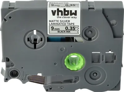 Produktbild von vhbw Schriftband-Kassette kompatibel mit Brother PT 1800E, 1290VP, 1290DT, 1280DT, 1800, 1750, 1290 Etiketten-Drucker 8m x 9mm Schwarz auf Matt-Silber