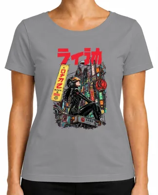 Zdjęcie produktu dla Koszulka damska z motywem cyberpunkowym, przedstawiająca anime girl w futurystycznym Tokio, styl Y2K, streetwear, kolor: szary, rozmiar: 3XL