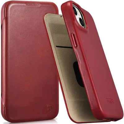 A red leather flip case for an iPhone is shown, with the case open to reveal the interior.