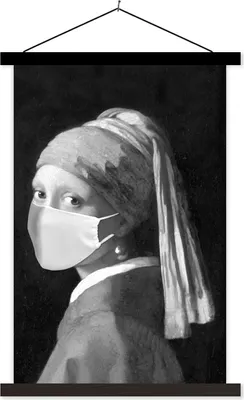 Produktbild von MuchoWow® Textilposter Das Mädchen mit dem Perlenohrring und der weißen Mundhaube - Gemälde von Johannes Vermeer - schwarz-weiß 120x180 cm mit schwarzem Rahmen - Fotos