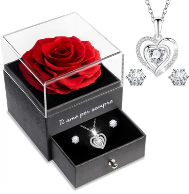 Produktbild von Ewige Rote Rose mit Halskette und Ohrringen - Geschenkbox für Frauen