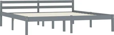 A grey wooden bed frame with a slatted headboard and base, shown from a side-angle against a white background.