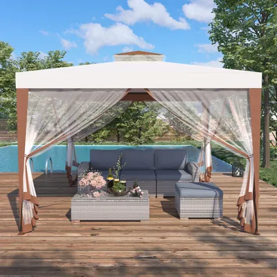 Produktbild von Mondeer Gartenpavillon 3x3m Doppeldach Gartenlaube Pavillon Terrassenpavillon mit Moskitonetz Gartenzelt Partyzelt Beige