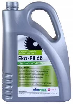 A gray plastic bottle of Eko-Pil 68 biodegradable chain oil.