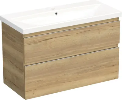 Produktbild von Jungborn Waschplatz TRENTA BxHxT 100x65x45 cm halifax eiche natur mit Keramik-Waschtisch Griffleiste chrom matt