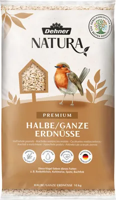 Produktbild von Dehner Natura Premium Wildvogelfutter, halbe / ganze Erdnüsse schalenfrei, Ganzjahresfutter proteinreich / energiereich, hochwertiges Vogelfutter für Wildvögel, 10 kg