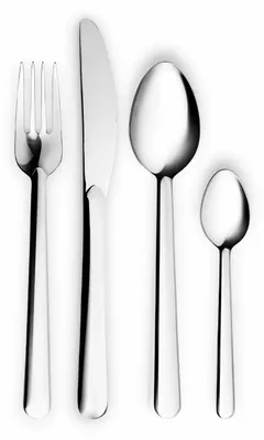 A set of four stainless steel cutlery items arranged vertically on a white background.