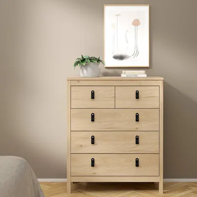 Image de Nicholas - Commode, 82x38x99h cm Chêne Marron, 5 Tiroirs