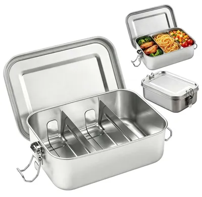 Productafbeelding van Roestvrijstalen lunchbox - 850 ml inhoud met 2 compartimenten - Lekdichte lunchbox voor school, werk en picknick - Vrij van BPA