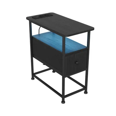 Image de Table de nuit Fortuna Lai avec LED, table d'appoint avec prise électrique & tiroir en tissu, table basse à 3 niveaux avec étagère ouverte, parfaite pour chambre à coucher salon petites pièces, noir, 60 x 30 x 62 cm