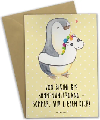 Produktbild von Mr. & Mrs. Panda Grußkarte Sommer Meer Strand - Gelb Pastell - Geschenk, Blühende Blumen, Sonne, weihnachtskarten, dankeskarten, Motive, Küstenurlaub, Strandurlaub, Küste