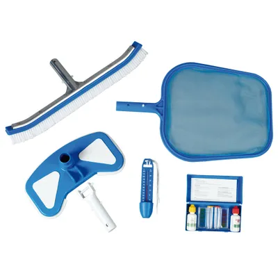 A collection of pool cleaning tools and testing kit laid out on a white background.
