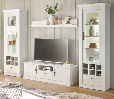Produktbild von Wohnwand "Fiastra" weiß Pinie Landhaus Wohnkombination 4-teilig, Soft-Close und LED