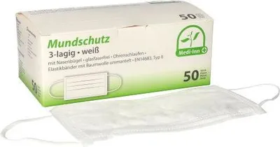Produktbild von "Medi-Inn" Mundschutz Type II 3-lagig 9 cm x 17,5 cm weiss mit Nasenbügel