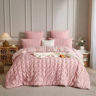Produktbild von Seersucker Bettwäsche 155x220cm Kariert Rosa 3tlg. mit 2 Kissenbezügen 80x80cm