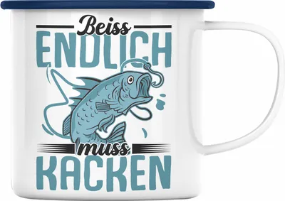 Produktbild von Trendation - Angler Fischer Emaille Tasse Geschenk Raubfische Hobbyangler Hecht Forelle Barsch Angeln Emaille Emaille Tasse Zubehör Beiss Endlich Muss Kaken (Blau)
