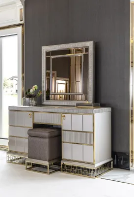 Image de Chambre à coucher Ensemble blanc Coiffeuse en bois Miroir élégant Moderne Beau Nouveau