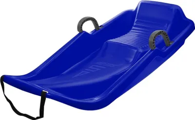 A blue plastic sled with gray handles and a black strap, isolated on a white background.