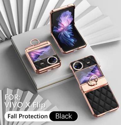 Produktbild von Leder Hülle für Vivo X Flip mit Ringhalterung, Luxus Glitzer Bling Überzug Scharnierschutz Handyhülle Schwarz
