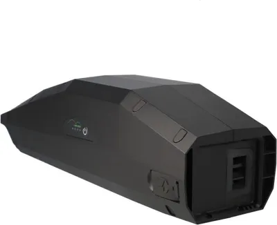 A black e-bike battery pack is shown against a white background.