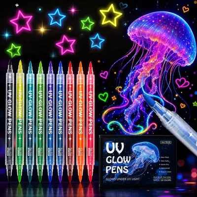 Obrázek produktu pro Sada UV neonových barev na obličej a tělo, 18 barev, 9 oboustranných fixů na malování obličeje a těla, pro použití pod UV světlem, voděodolné