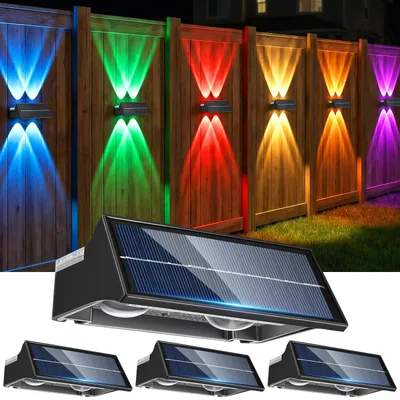 Produktbild von 4 Stück LED Solarlampe für Außen, 4 LEDs Solarleuchte Außen Wandlampe, Warmweiß, Kaltweiß, RGB, LED Solar Gartenleuchte für Veranda, Terrasse, Zaun