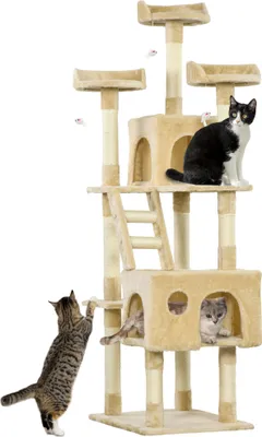 Produktbild von PawHut Großer Kratzbaum für Katzen, 60 x 50 x 181 cm, mit Kratzbaum, mehreren Plattformen, Treppen, Höhlen, Spielzeug, Aktivitätscenter, Beige