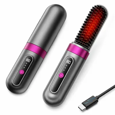Produktbild von Glättbürste kabellos, 3-in-1 Haarstyler mit Keramikheizung, Ionen Haarglätter für Locken & glattes Haar, USB Akku, Reise Haarstyler