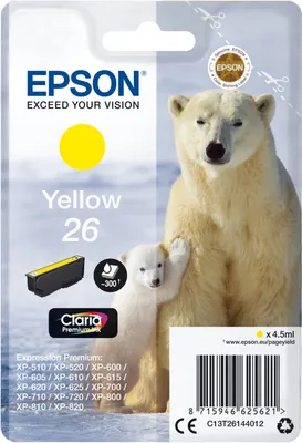 Obrázek produktu pro Epson Polar bear Balíček s jedním inkoustem 26 Lední medvěd Claria Premium Yellow, Standardní výtěžnost, Žlutá, Inkoust na pigmentové bázi, 4,5 ml, 1 kusů, 300 str.