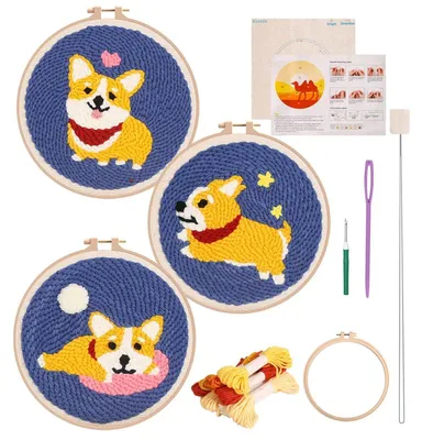 Produktbild von Punch Needle Set für Anfänger Corgi Design DIY Stick-Set mit Vorlagen Garnen Stickrahmen Anleitung Mehrfarbig