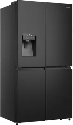 A black Hisense four-door refrigerator with a water dispenser.